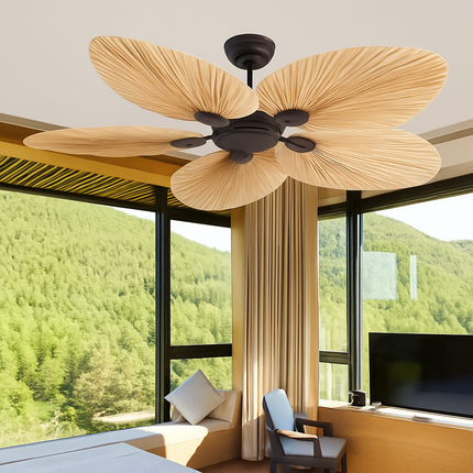 Plafonnier ventilateur avec pales en palmier naturel et télécommande — LZ4X9P