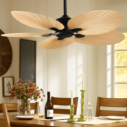 Plafonnier ventilateur avec pales en palmier naturel et télécommande — LZ4X9P
