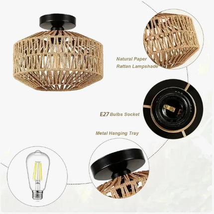 Plafonniers Rotin E27 Ampoules Lustre Luminaire Tissé À La Main Lampe Celing Lampe Encastrée Pour Couloir Chambre Cuisine