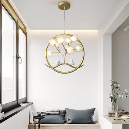 Lustre moderne avec arbre et oiseaux dans anneau Rhym