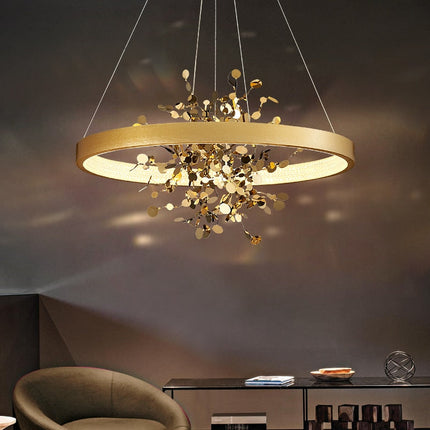 Lustre LED moderne avec anneau et feuilles dorées Bahia — LZ7XQ2