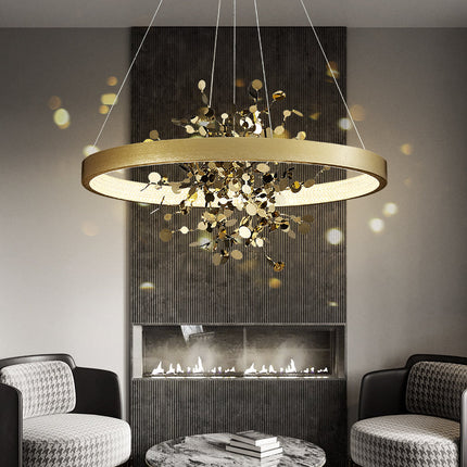 Lustre LED moderne avec anneau et feuilles dorées Bahia — LZ7XQ2