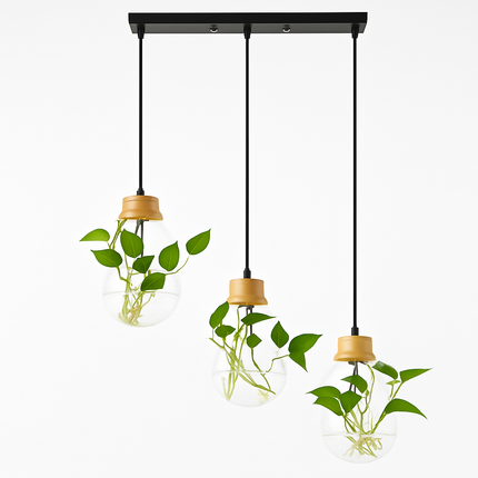 Suspension bocal en verre à fleur et support en bois