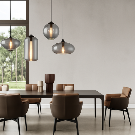 Suspension design LED aux formes arrondies en verre avec ampoule industrielle