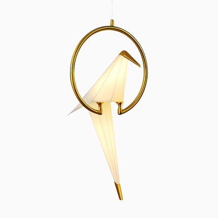 Suspension design LED oiseau dans cerceau doré