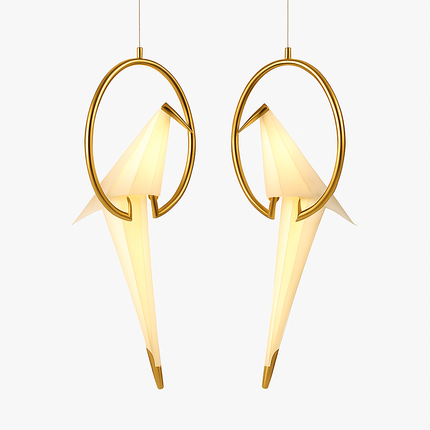 Suspension design LED oiseau dans cerceau doré