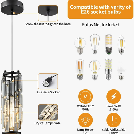 Suspension moderne à 3 lumières en cristal noir et chrome réglable — LZ4X9P